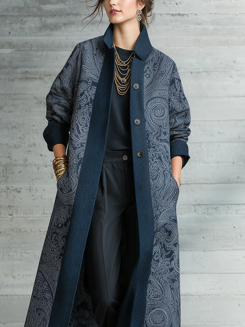 Léonie | Manteau Long Ouvert Bleu Marine à Imprimé Cachemire Vintage
