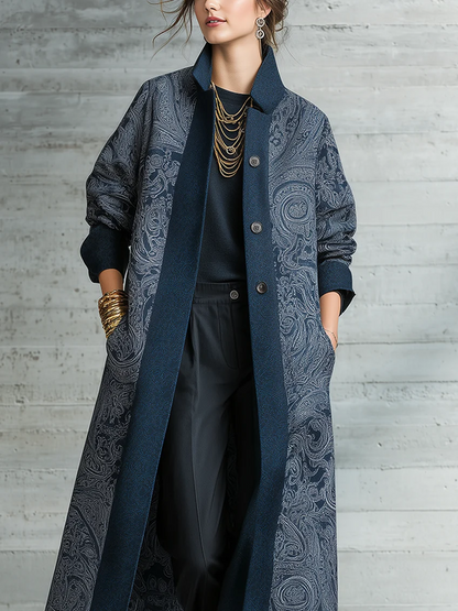 Léonie | Manteau Long Ouvert Bleu Marine à Imprimé Cachemire Vintage
