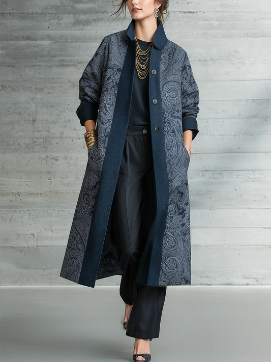 Léonie | Manteau Long Ouvert Bleu Marine à Imprimé Cachemire Vintage