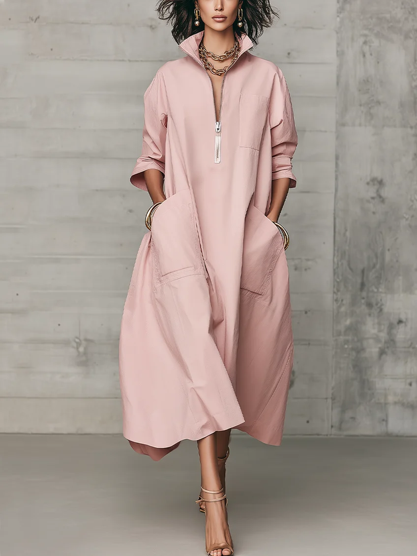 Ninon | Robe Midi Ample Chic Rose Poudré à Demi-Zip et Grandes Poches