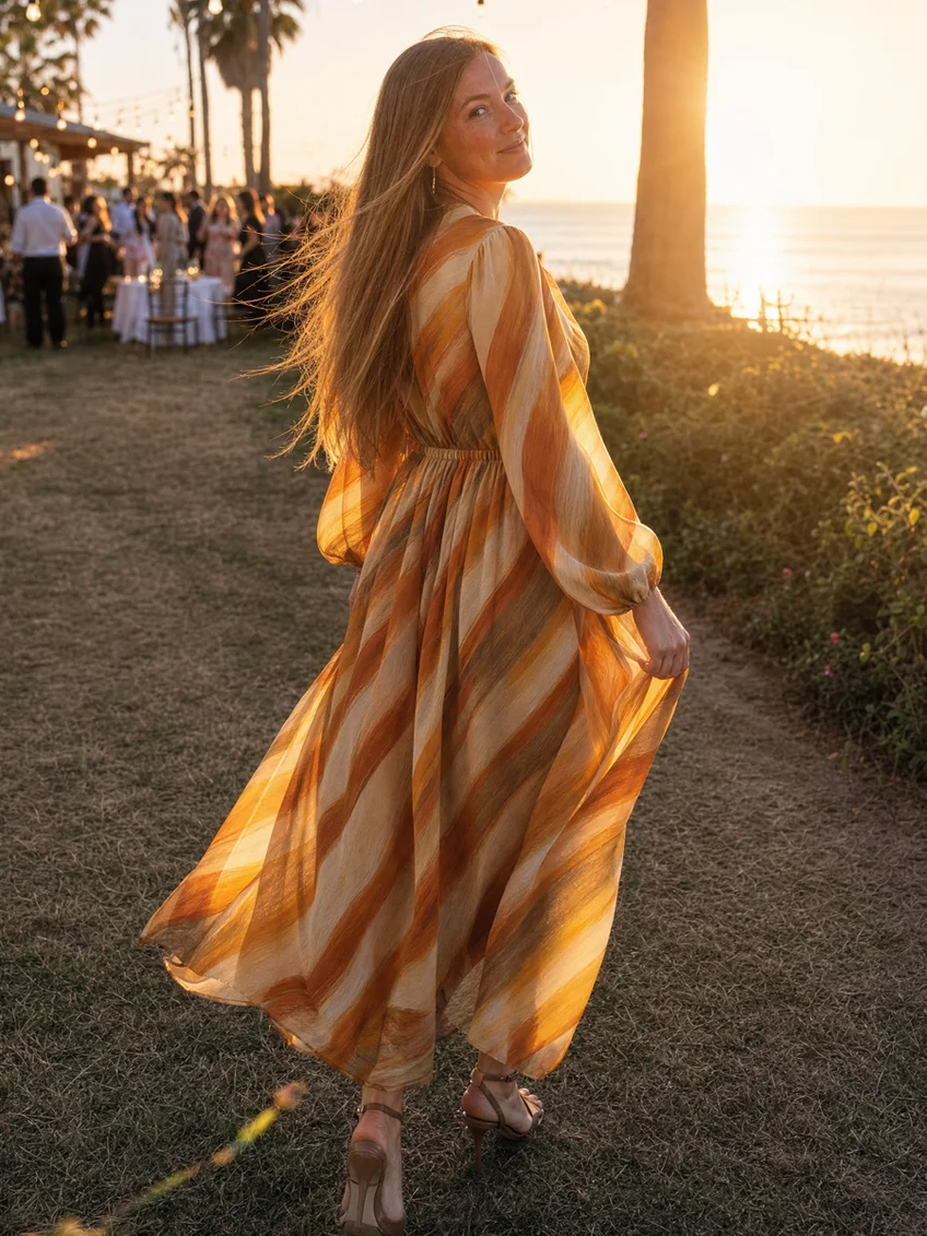 Noéline | Robe Midi Élégante à Imprimé Abstrait, Manches Longues et Taille Élastique