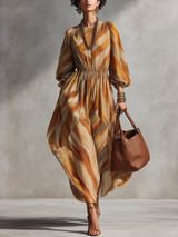 Noéline | Robe Midi Élégante à Imprimé Abstrait, Manches Longues et Taille Élastique