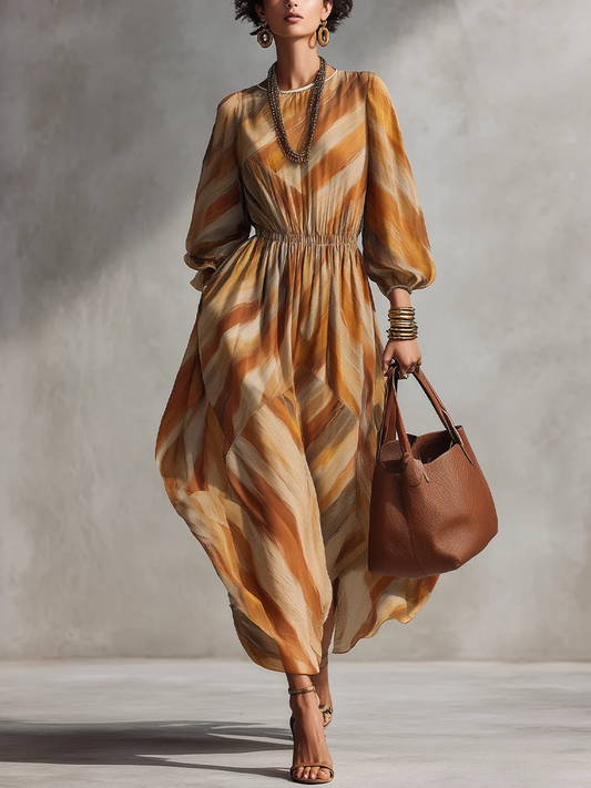Noéline | Robe Midi Élégante à Imprimé Abstrait, Manches Longues et Taille Élastique