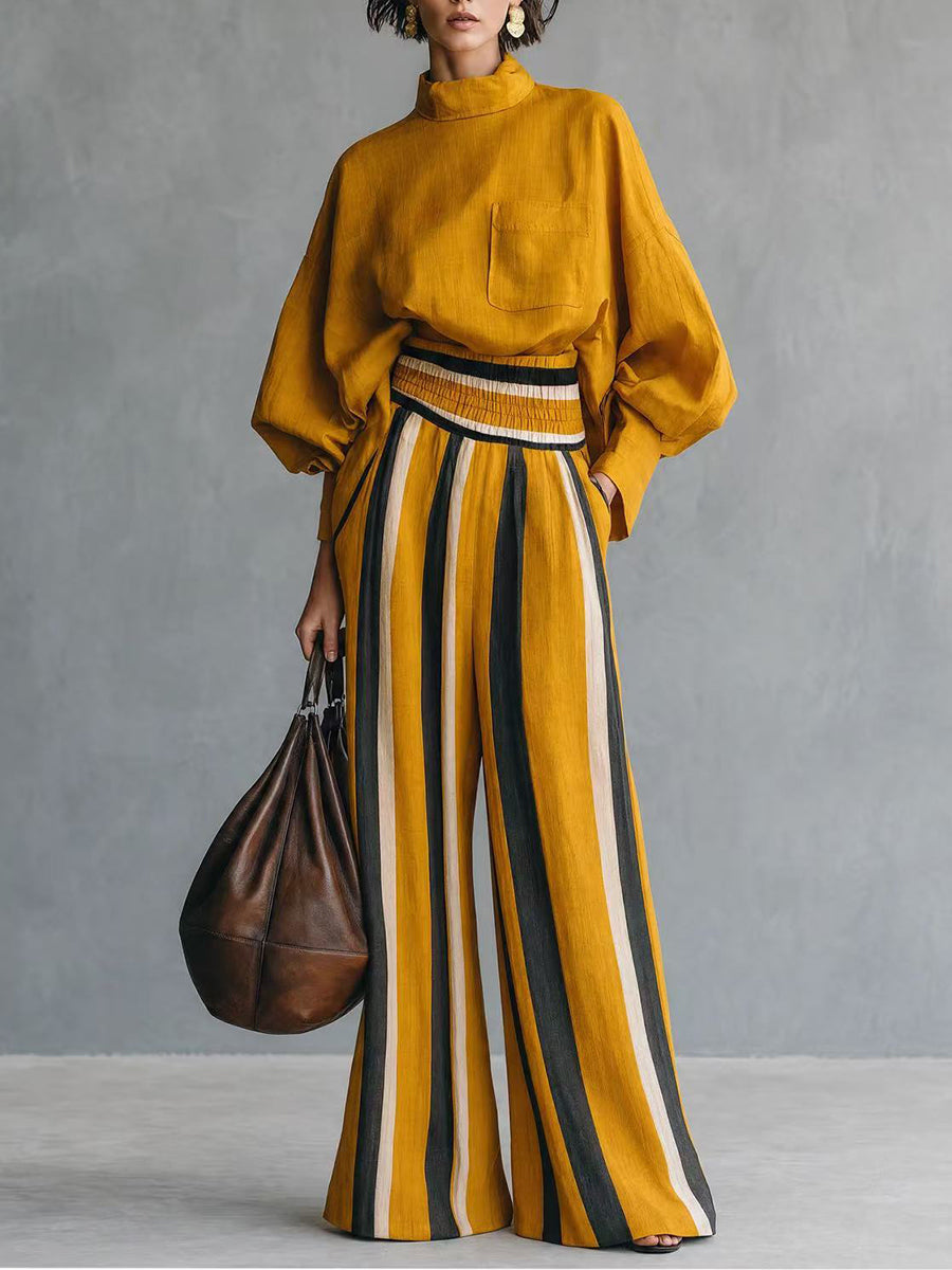 Odette | Ensemble Deux Pièces Haut Ample Jaune Moutarde et Pantalon Large Rayé