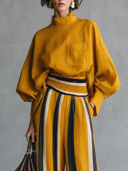 Odette | Ensemble Deux Pièces Haut Ample Jaune Moutarde et Pantalon Large Rayé