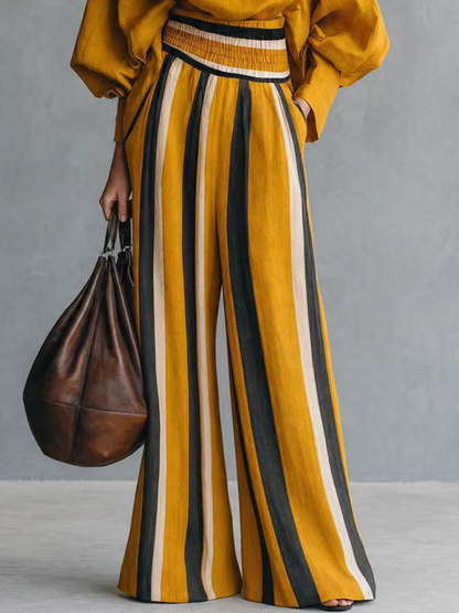 Odette | Ensemble Deux Pièces Haut Ample Jaune Moutarde et Pantalon Large Rayé