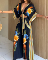Odile | Ensemble Deux Pièces Haut Kimono Imprimé Fleuri Bleu Marine et Pantalon Large
