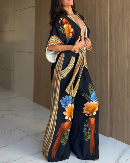 Odile | Ensemble Deux Pièces Haut Kimono Imprimé Fleuri Bleu Marine et Pantalon Large