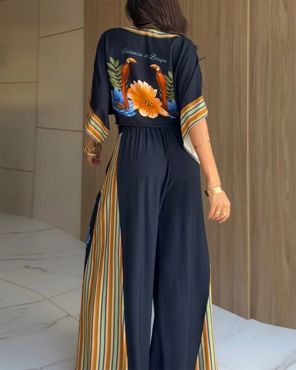 Odile | Ensemble Deux Pièces Haut Kimono Imprimé Fleuri Bleu Marine et Pantalon Large