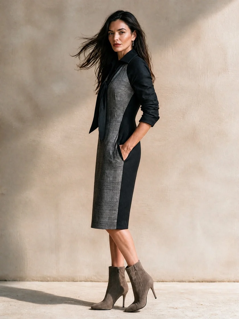 Oriane | Robe Midi Élégante Color Block Noir et Carreaux à Encolure Nouée et Poches