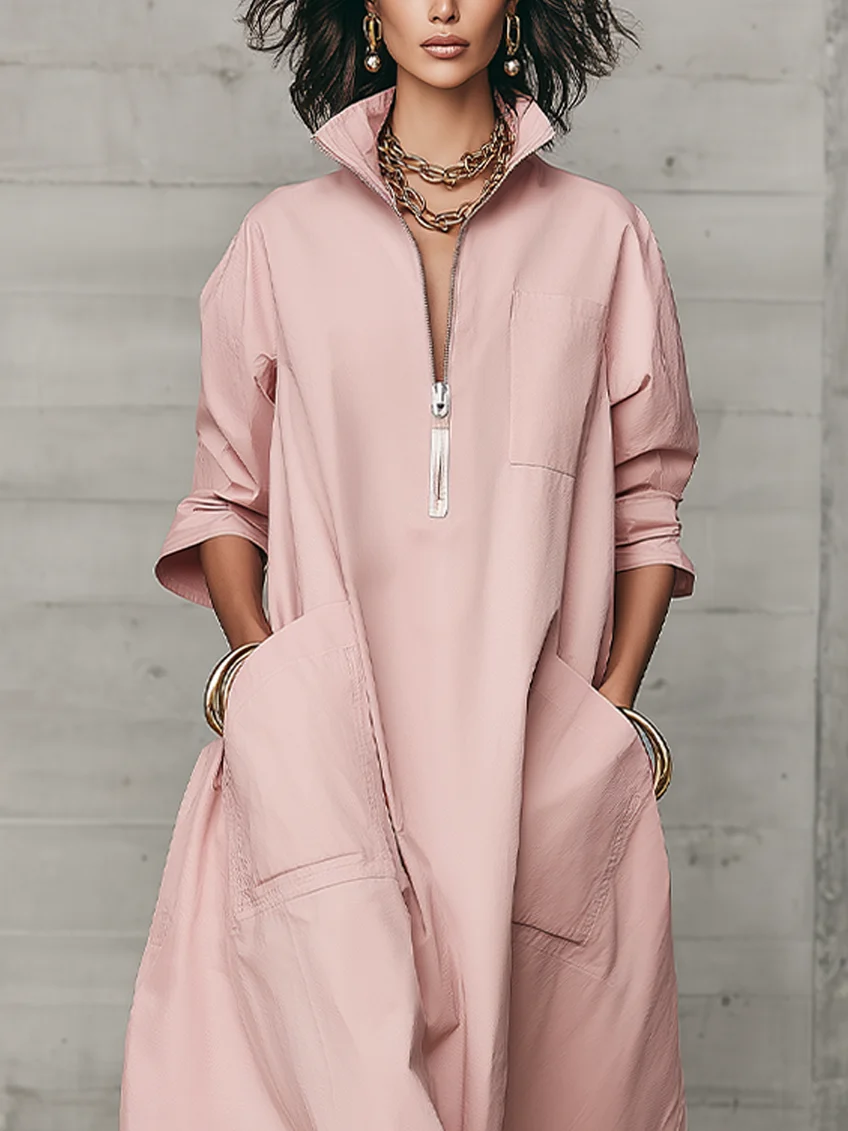 Ninon | Robe Midi Ample Chic Rose Poudré à Demi-Zip et Grandes Poches