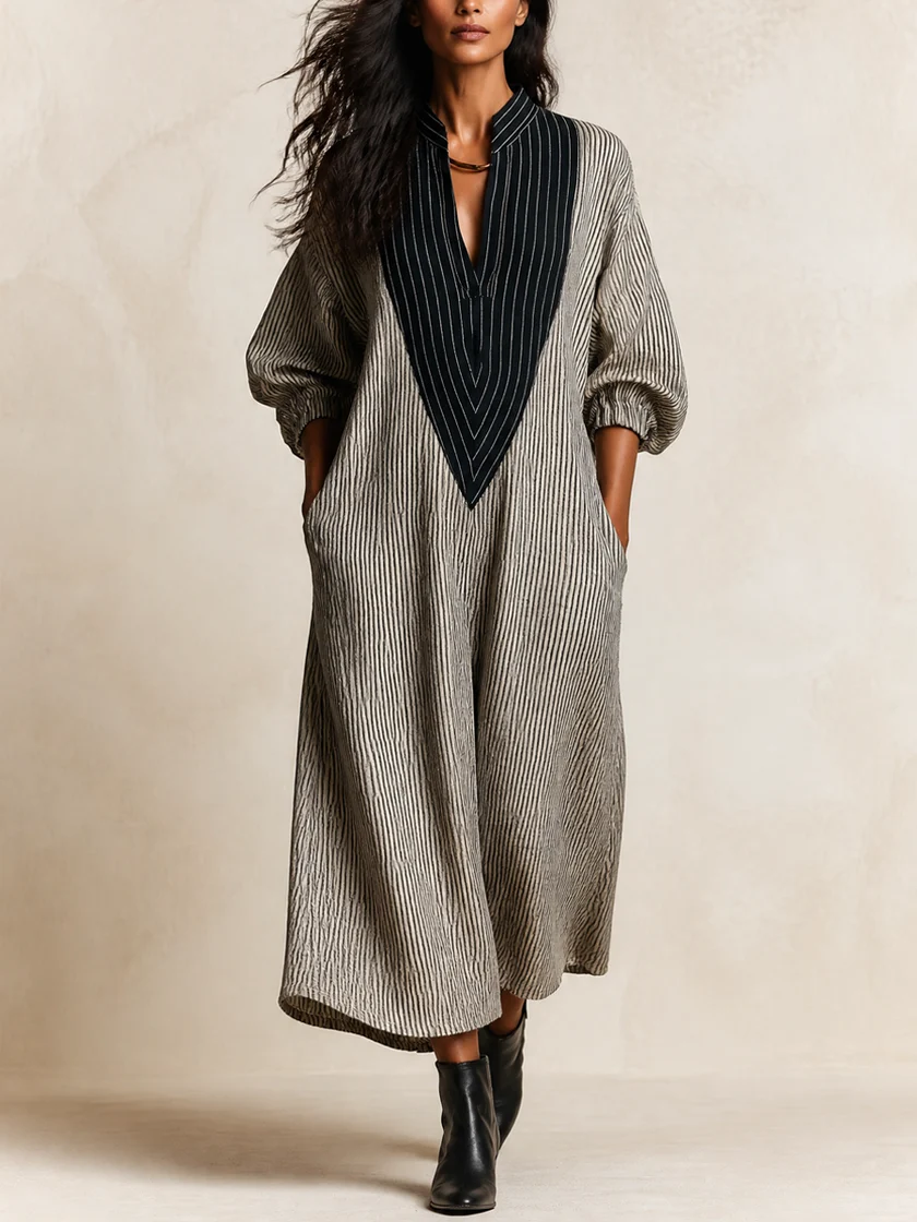 Perrine | Robe Longue Ample Élégante Rayée à Col V Contrastant Noir et Poches
