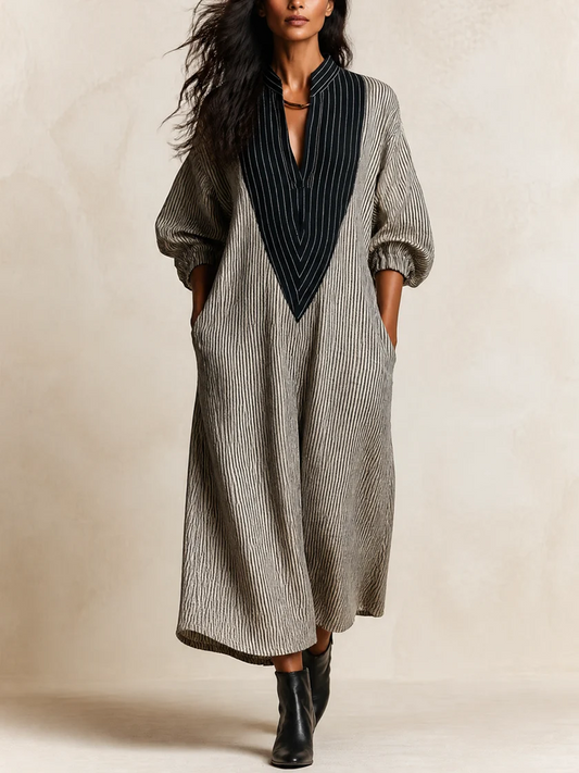 Perrine | Robe Longue Ample Élégante Rayée à Col V Contrastant Noir et Poches