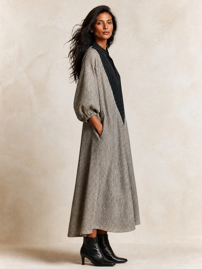 Perrine | Robe Longue Ample Élégante Rayée à Col V Contrastant Noir et Poches