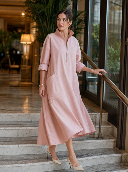 Ninon | Robe Midi Ample Chic Rose Poudré à Demi-Zip et Grandes Poches
