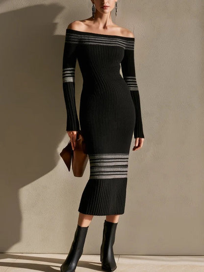 Dorothée | Robe Midi en Maille Côtelée Rayée Épaules Dénudées