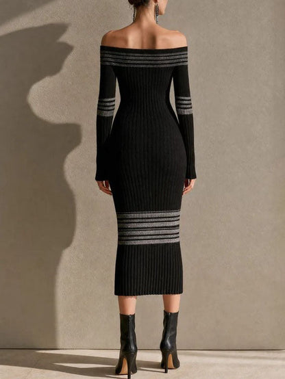 Dorothée | Robe Midi en Maille Côtelée Rayée Épaules Dénudées