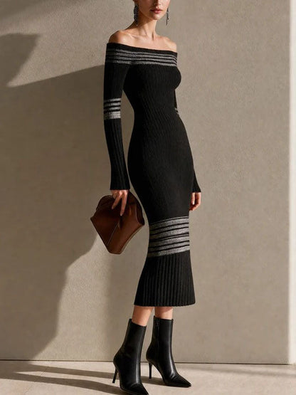 Dorothée | Robe Midi en Maille Côtelée Rayée Épaules Dénudées