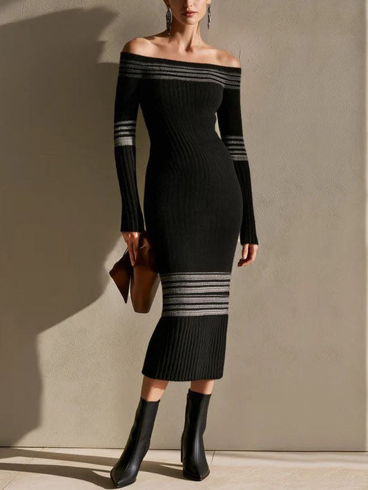 Dorothée | Robe Midi en Maille Côtelée Rayée Épaules Dénudées