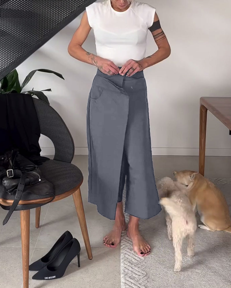 Pantalon femme asymétrique à jambes larges