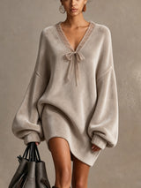 Ghislaine | Mini Robe Ample Élégante Col V à Nœud et Manches Chauve-Souris