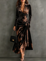 Alix | Robe Midi Portefeuille en Velours Imprimé Abstrait, Manches Longues et Ourlet Asymétrique