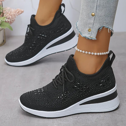 Baskets femme compensées scintillantes en maille respirante