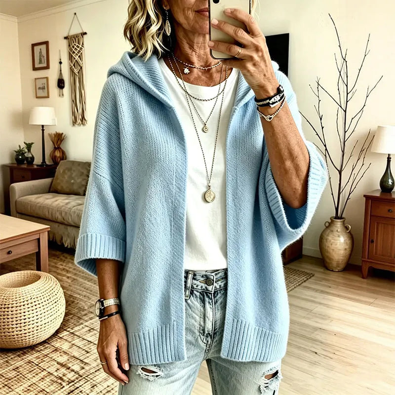 Cardigan femme en maille à capuche manches 3/4