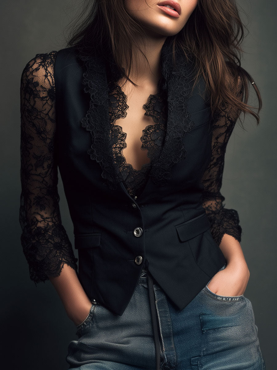 Noémie | Haut Blazer Noir à Manches Semi-Transparentes