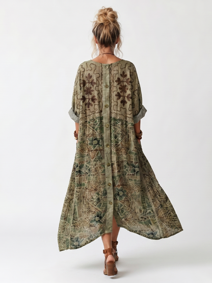 Robe midi bohème femme boutonnée à imprimé floral