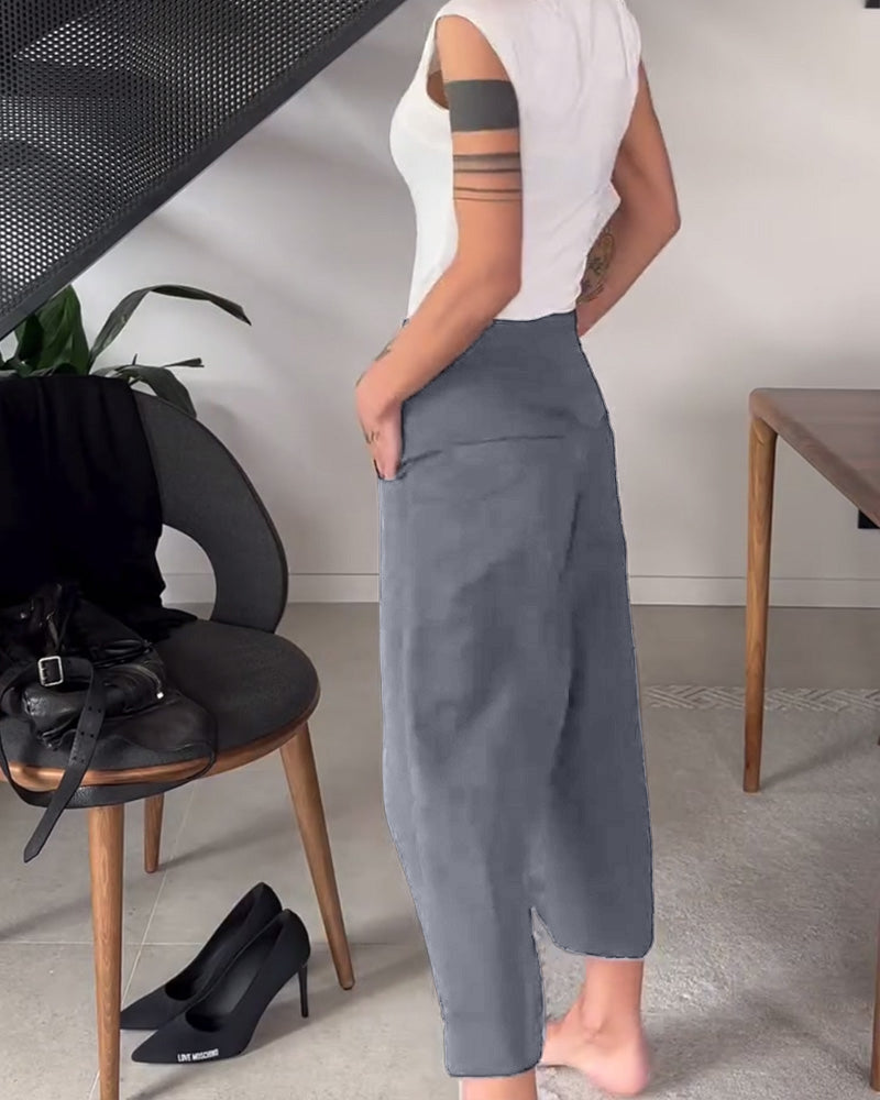 Pantalon femme asymétrique à jambes larges