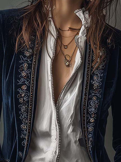 Athénaïs | Veste Longue Brodée Vintage Bleu Marine