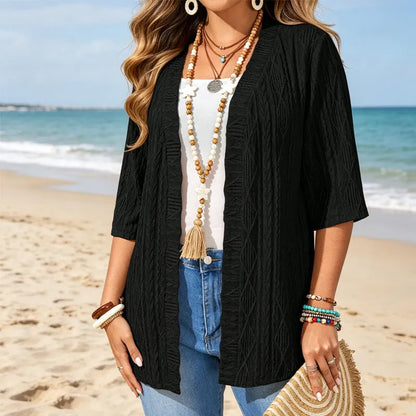 Cardigan femme ajouré ouvert à manches 3/4