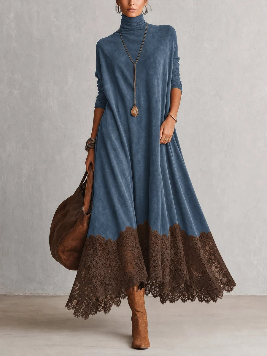 BRUNELLA | Robe longue effet daim avec ourlet en dentelle