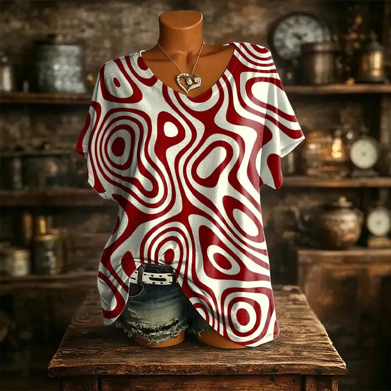 T-shirt femme à col V avec imprimé abstrait
