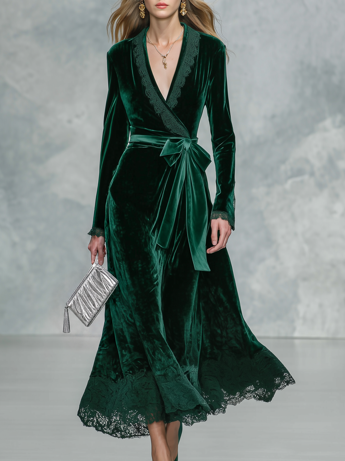 Édith | Robe Longue Portefeuille en Velours Vert Foncé à Bordure en Dentelle et Ceinture à Nouer