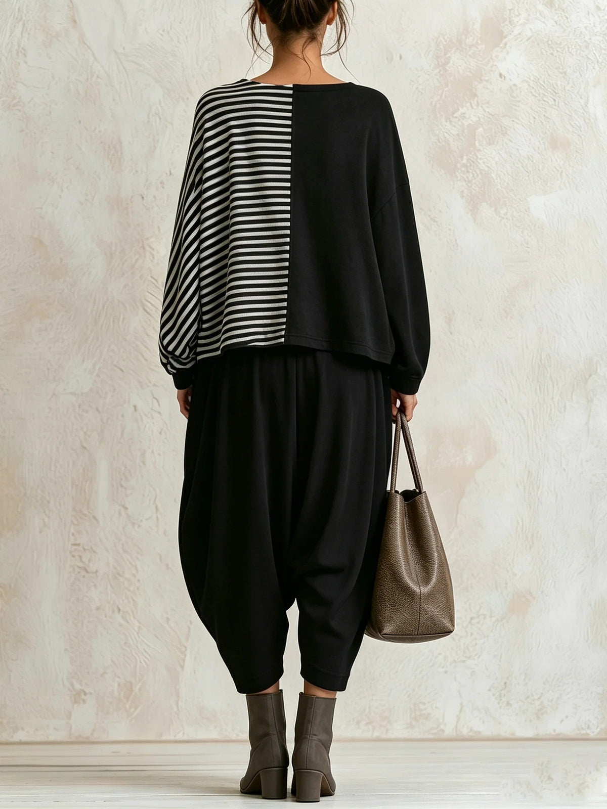 Joséphine | Ensemble Deux Pièces Ample Color Block Asymétrique à Rayures