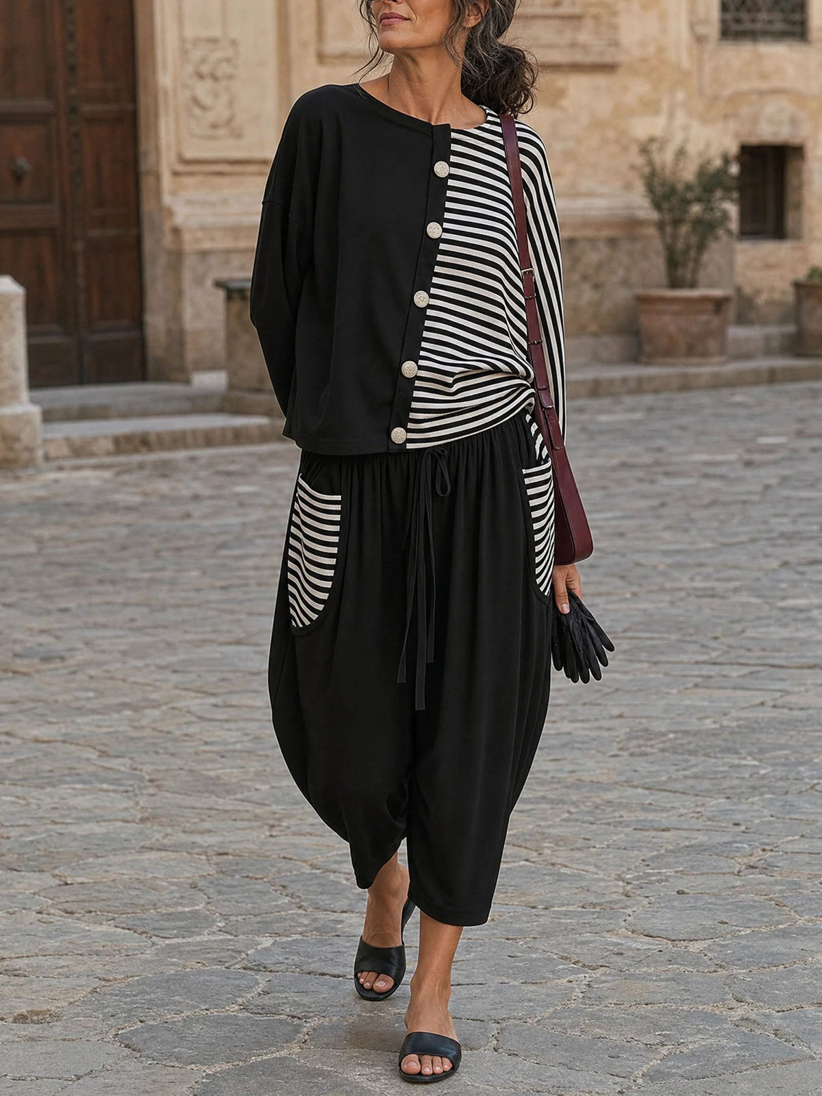 Joséphine | Ensemble Deux Pièces Ample Color Block Asymétrique à Rayures