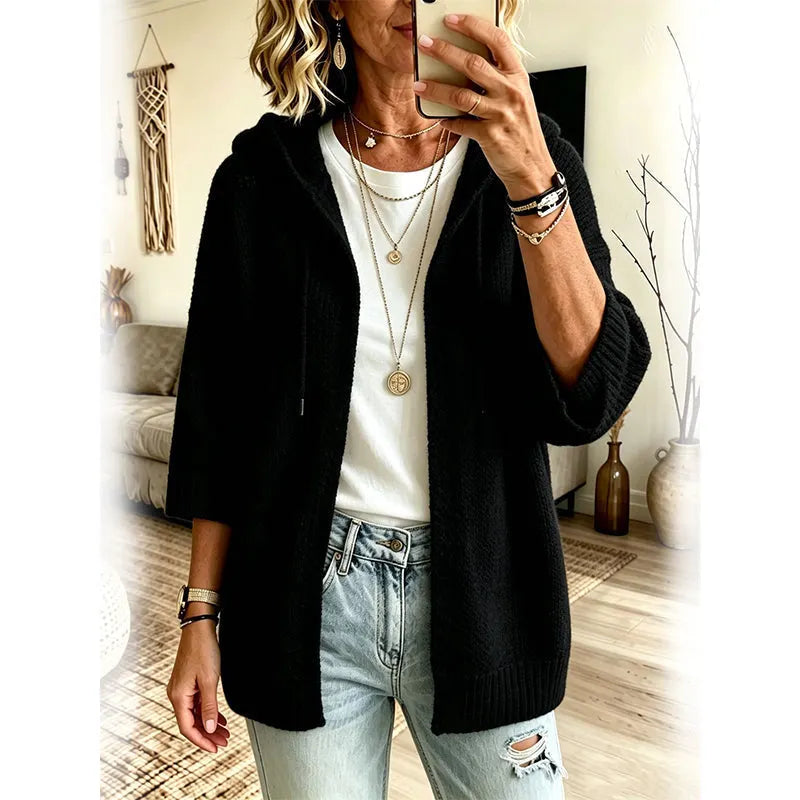 Cardigan femme en maille à capuche manches 3/4