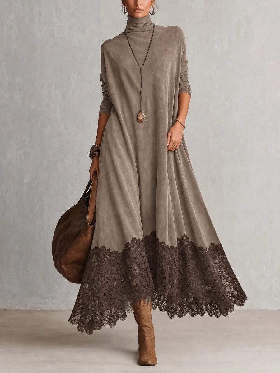 BRUNELLA | Robe longue effet daim avec ourlet en dentelle