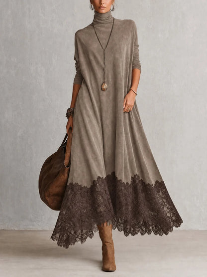 BRUNELLA | Robe longue effet daim avec ourlet en dentelle