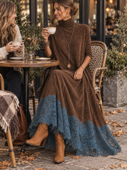 BRUNELLA | Robe longue effet daim avec ourlet en dentelle
