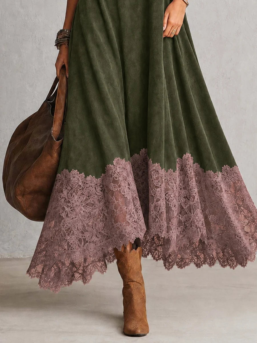 BRUNELLA | Robe longue effet daim avec ourlet en dentelle