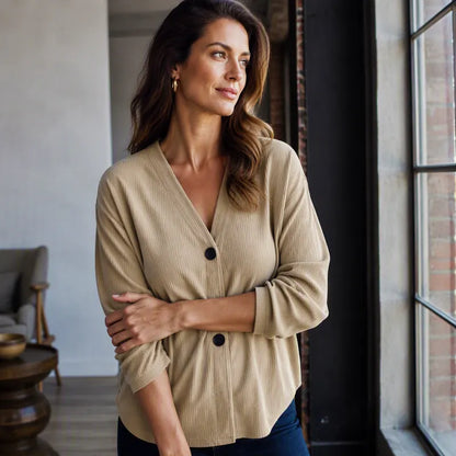Cardigan femme côtelé à col V boutonné