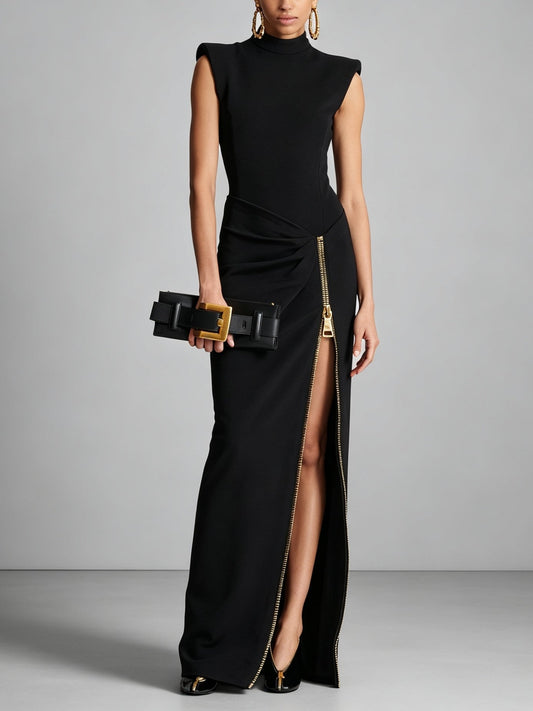 Armelle | Robe Longue Noire Sans Manches Premium à Zip et Fentes