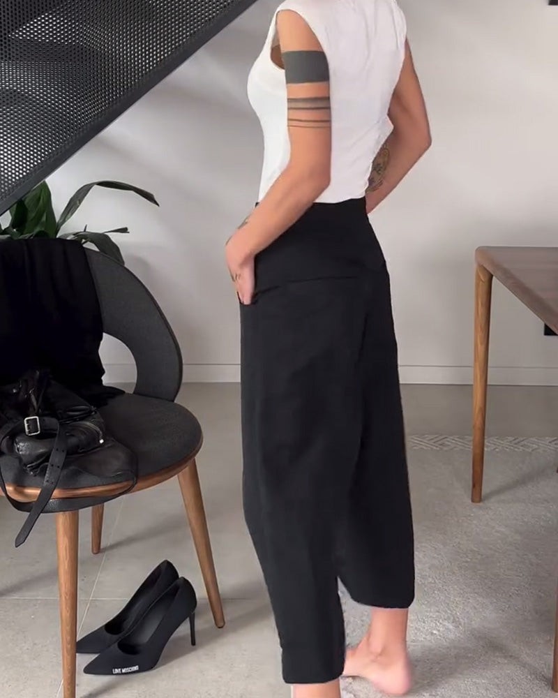 Pantalon femme asymétrique à jambes larges