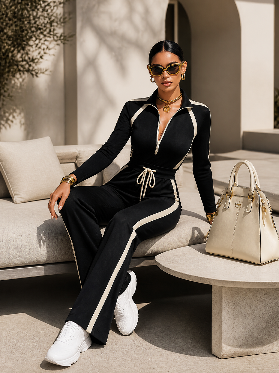 Mathilde | Ensemble Jogging Noir à Bandes Contrastantes, Haut Col Demi-Zip et Pantalon Large à Cordon