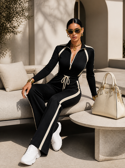 Mathilde | Ensemble Jogging Noir à Bandes Contrastantes, Haut Col Demi-Zip et Pantalon Large à Cordon