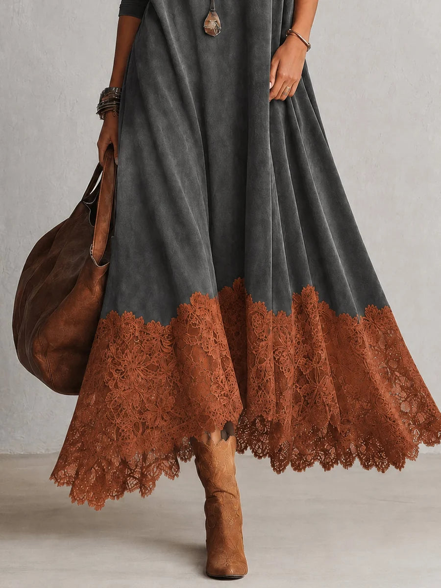BRUNELLA | Robe longue effet daim avec ourlet en dentelle