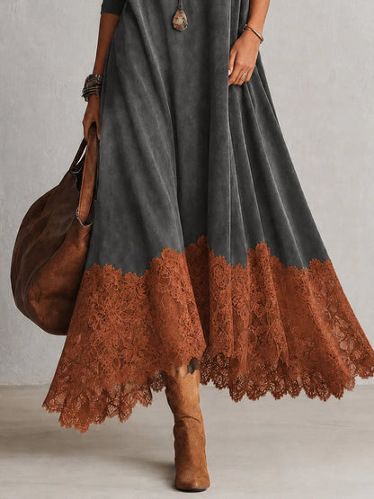 BRUNELLA | Robe longue effet daim avec ourlet en dentelle